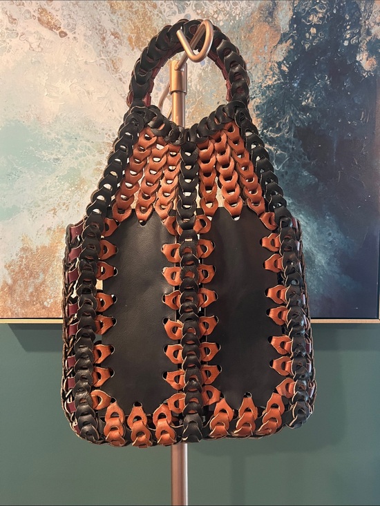 Vintage Handbags - Woven Two-Tone Black & Brown Leather Tote